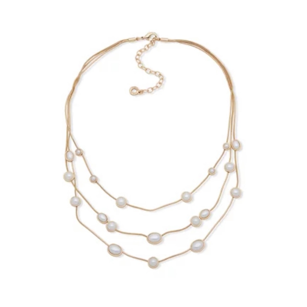 Anne Klein 16 Inch Satin Station Multi Row Blanc Pearl Necklace, Layered Pearl